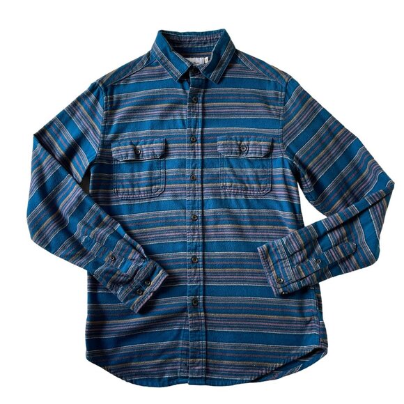 Goodfellow and Co Mens Small Button-Down Flannel Shirt Blue Striped Long Sleeve - Picture 7 of 8